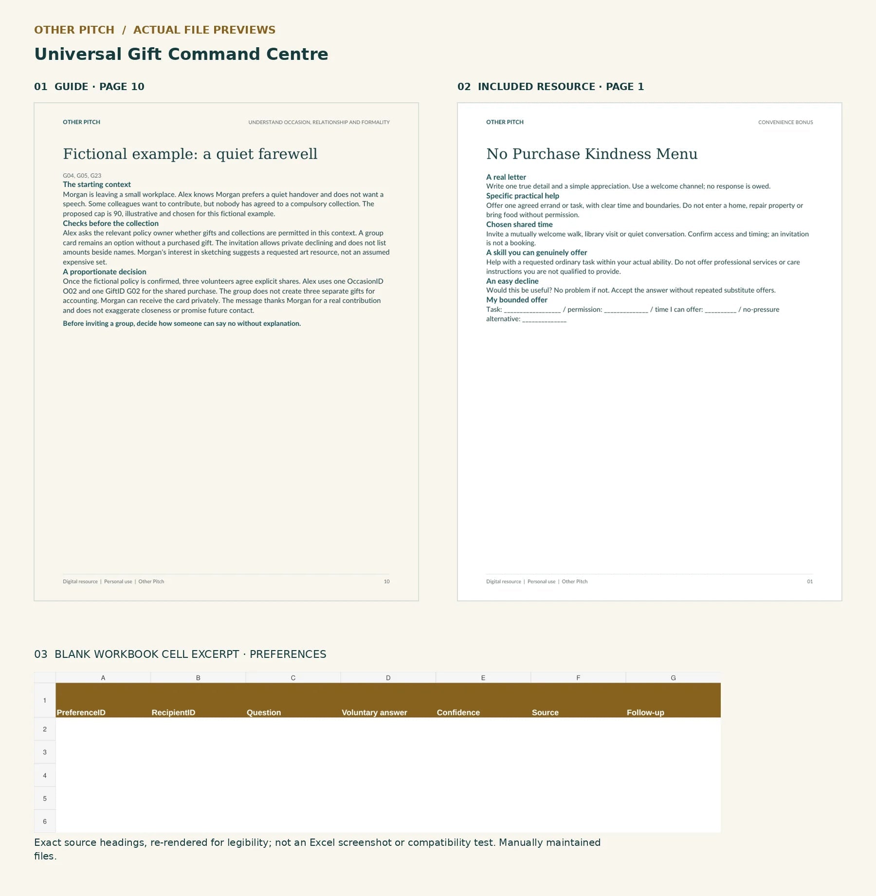 Actual gift guide and resource pages; blank source headings re-rendered, not a software screenshot