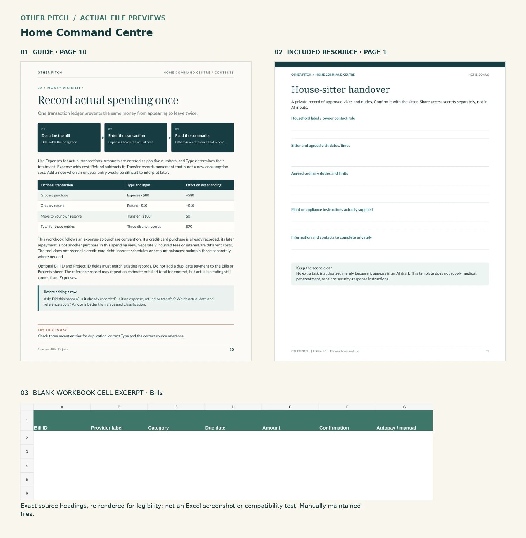 Actual home guide and resource pages; blank source headings re-rendered, not a software screenshot