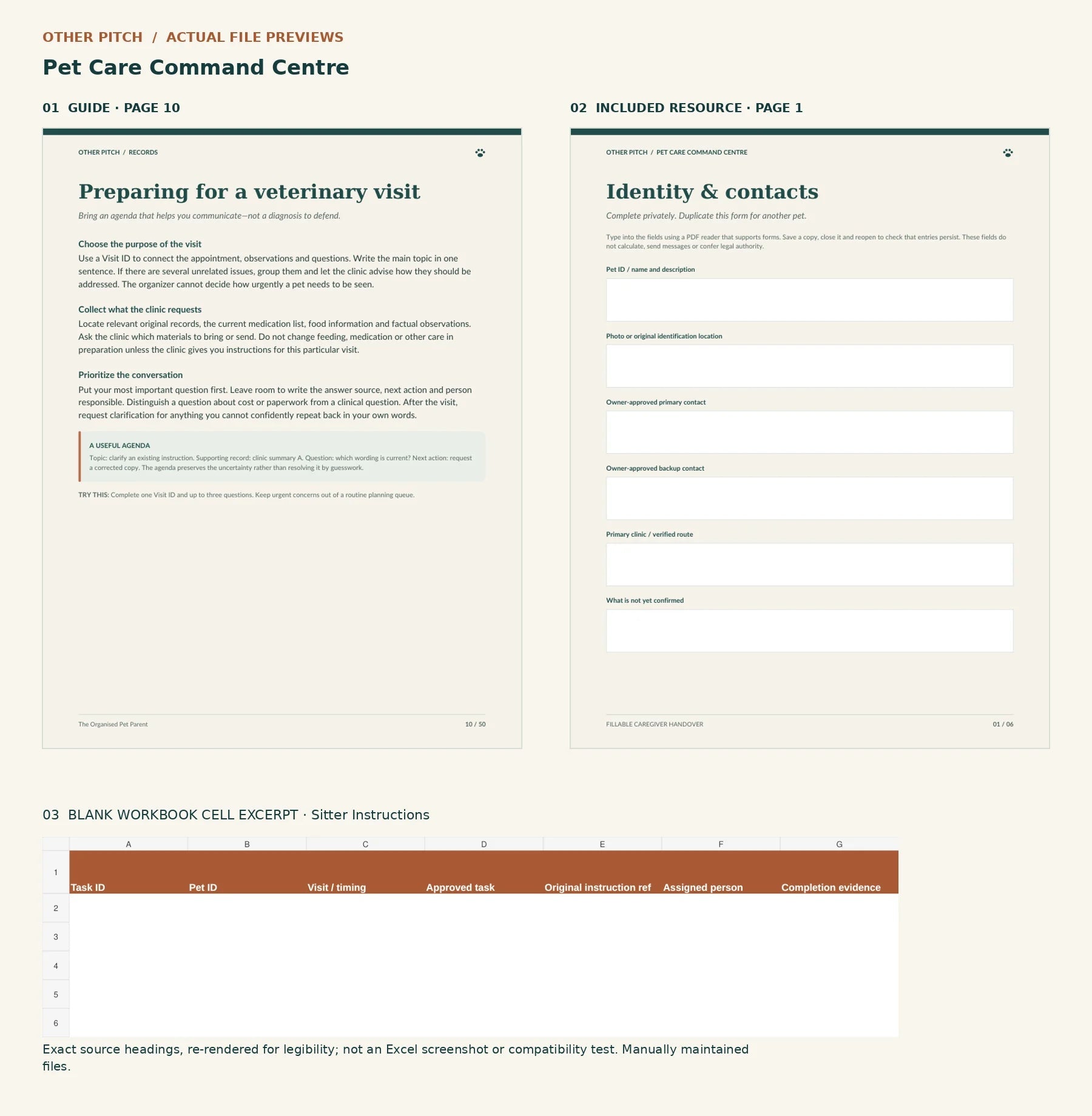 Actual Pet Care Command Centre guide and resource pages with a blank source-cell excerpt; not an application screenshot